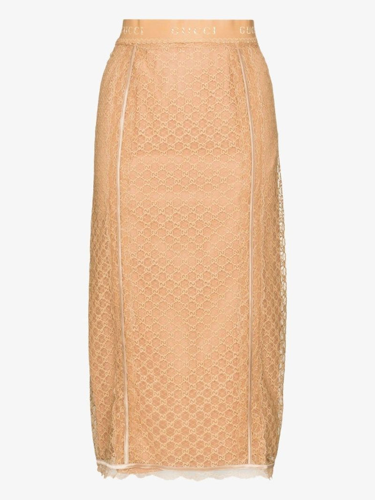 Neutral Gg Lace Midi Skirt