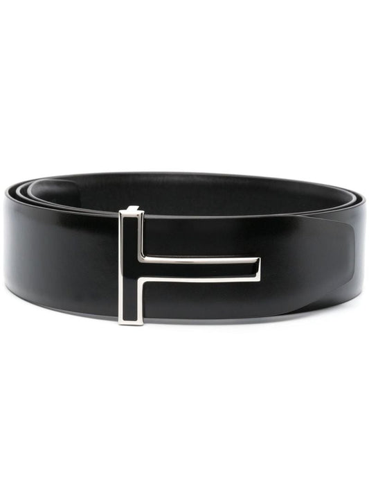 Black T Logo Reversible Leather Belt