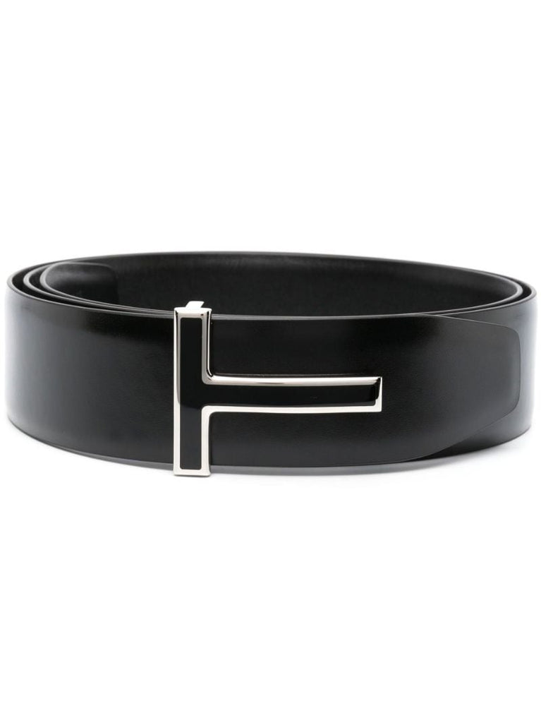 Black T Logo Reversible Leather Belt