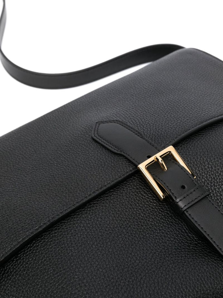 Black Foldover Leather Messenger Bag