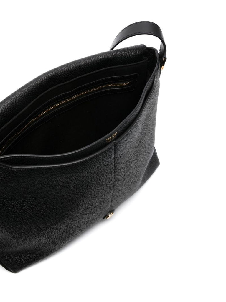 Black Foldover Leather Messenger Bag