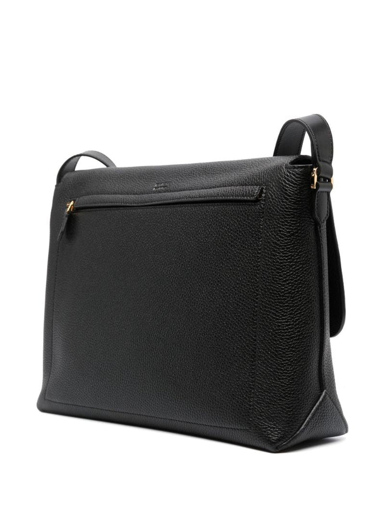 Black Foldover Leather Messenger Bag