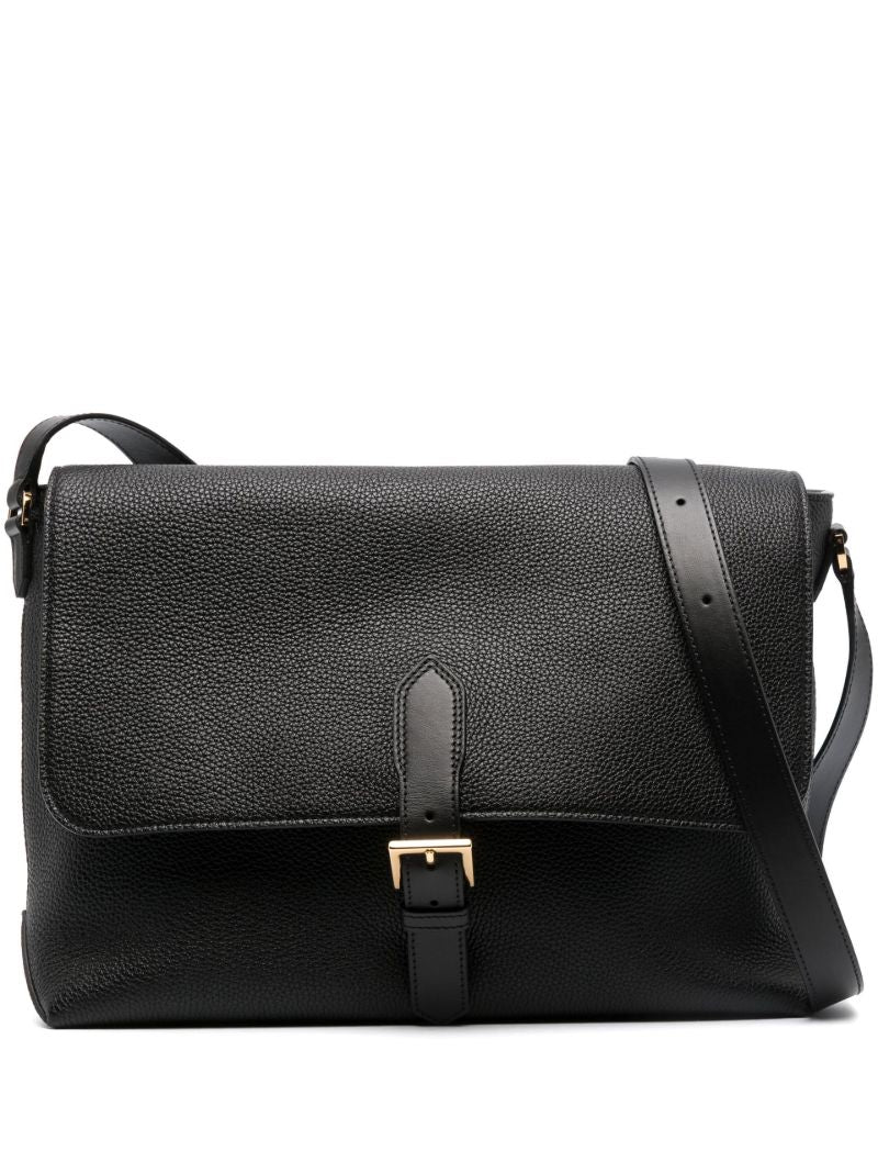 Black Foldover Leather Messenger Bag