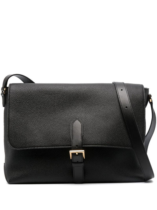 Black Foldover Leather Messenger Bag