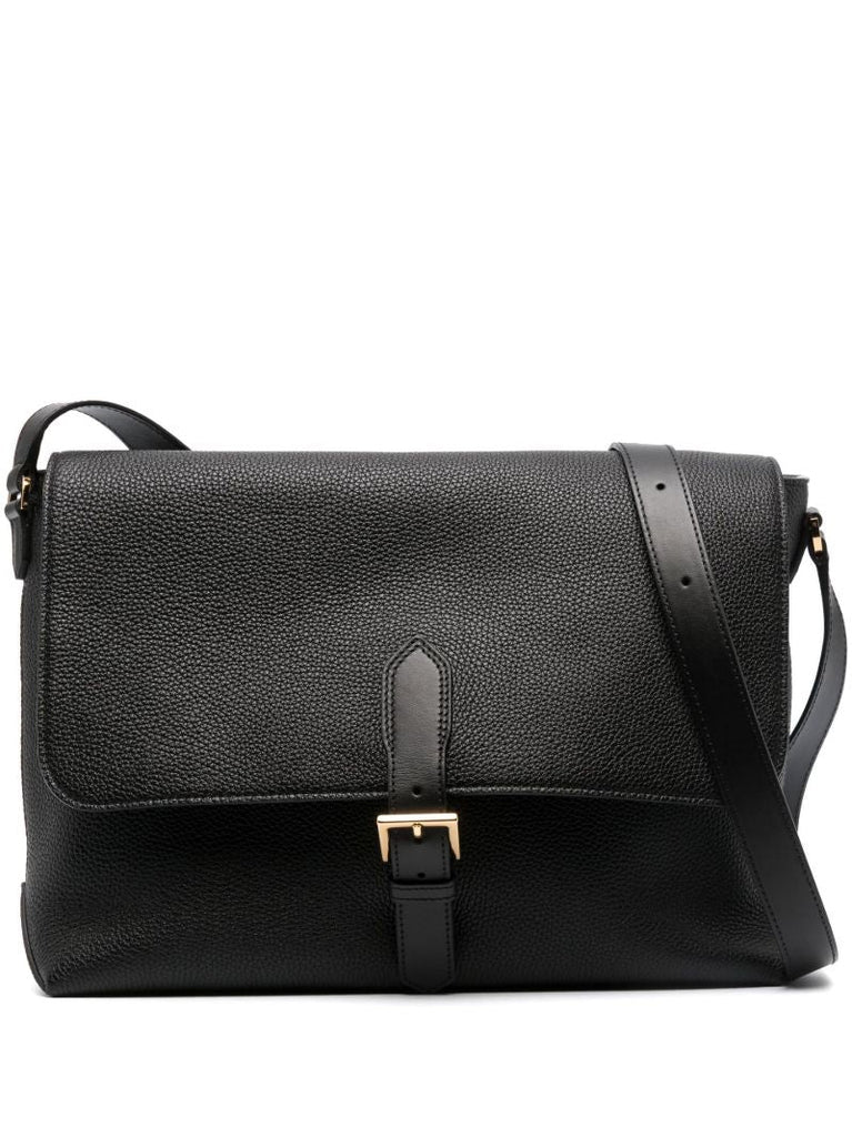 Black Foldover Leather Messenger Bag