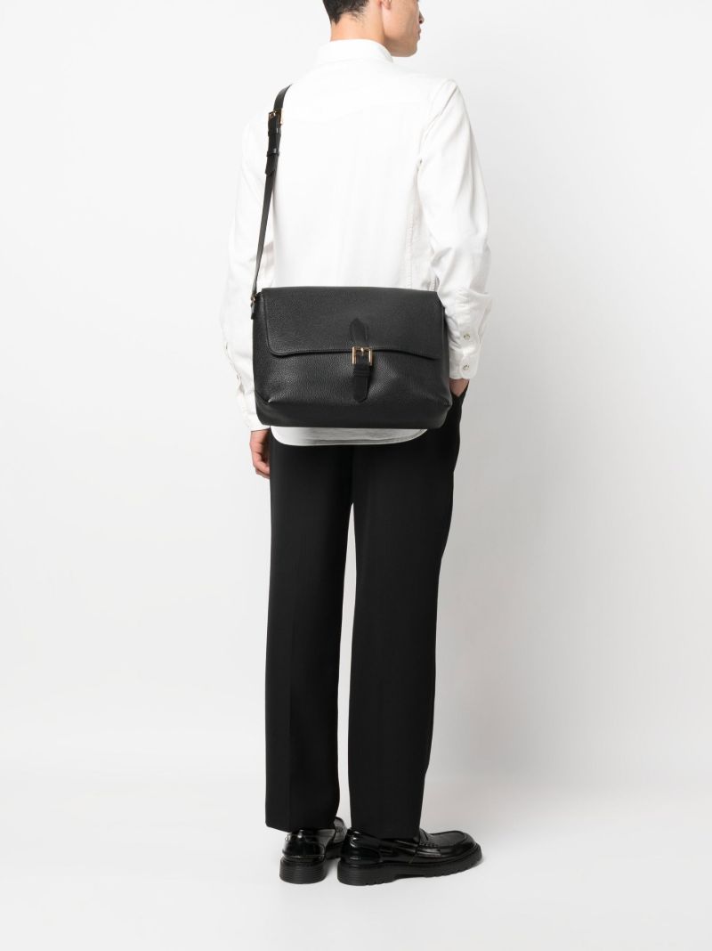 Black Foldover Leather Messenger Bag