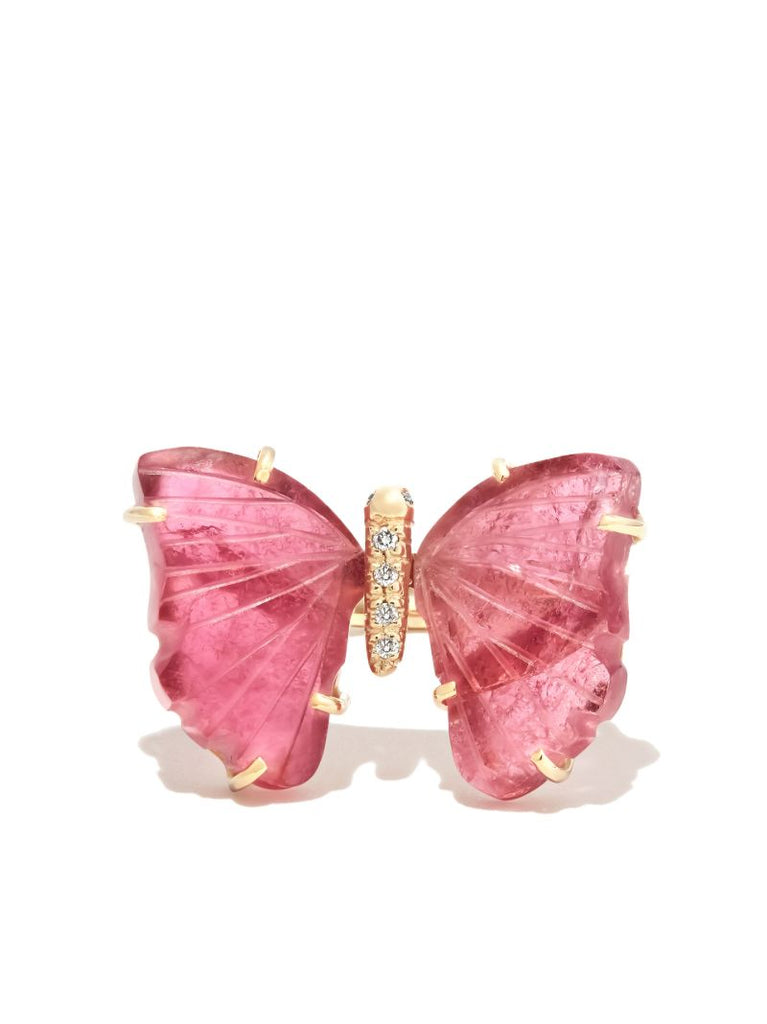 14k Yellow Gold Butterfly Diamond Tourmaline Ring