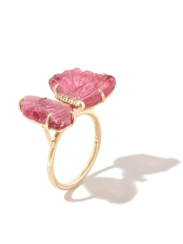 14k Yellow Gold Butterfly Diamond Tourmaline Ring