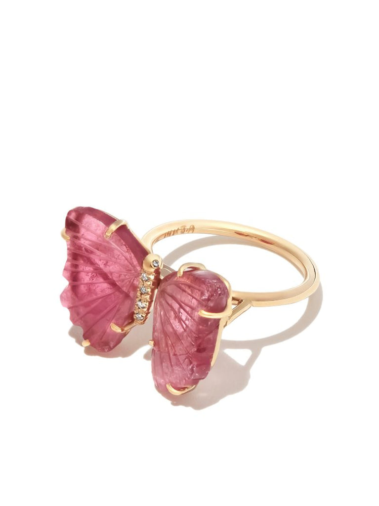 14k Yellow Gold Butterfly Diamond Tourmaline Ring