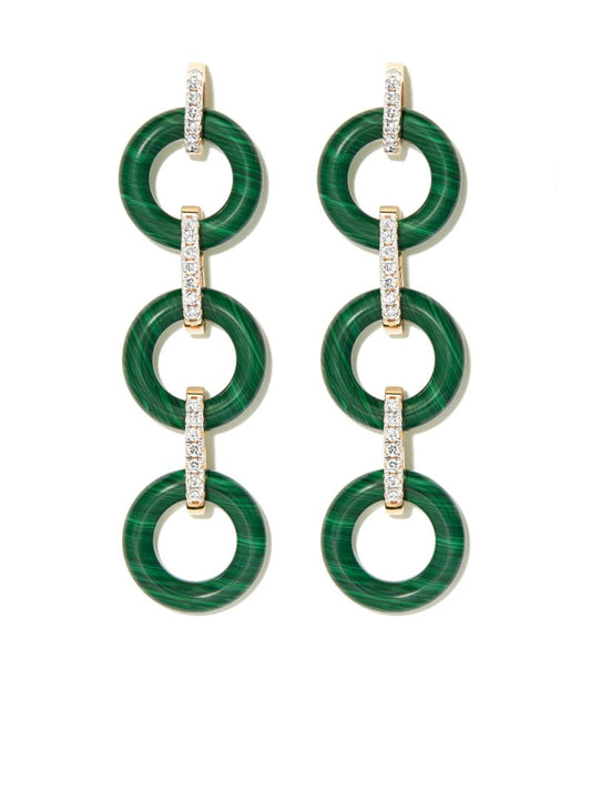 14k Yellow Gold Malachite and Diamond Drop Earrings