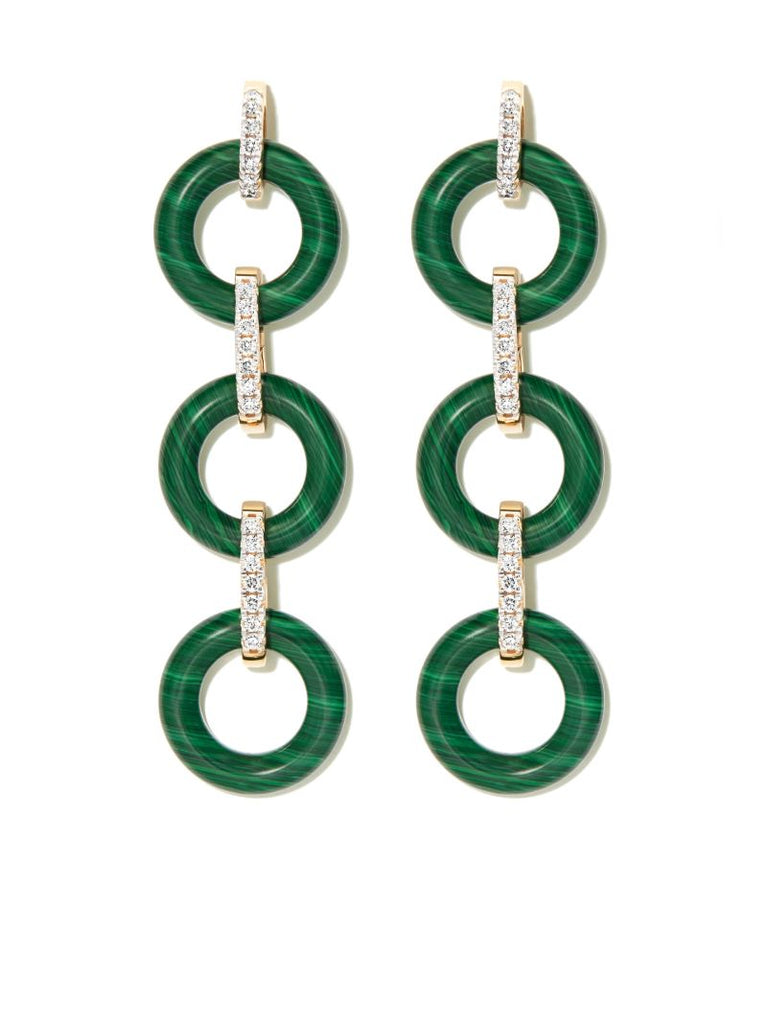 14k Yellow Gold Malachite and Diamond Drop Earrings