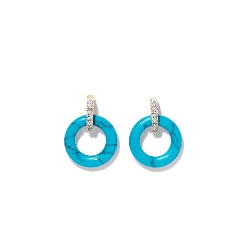14k Yellow Gold Turquoise and Diamond Hoop Earrings