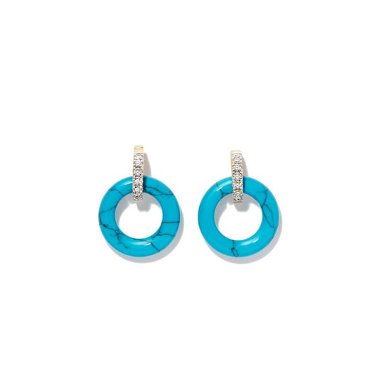 14k Yellow Gold Turquoise and Diamond Hoop Earrings