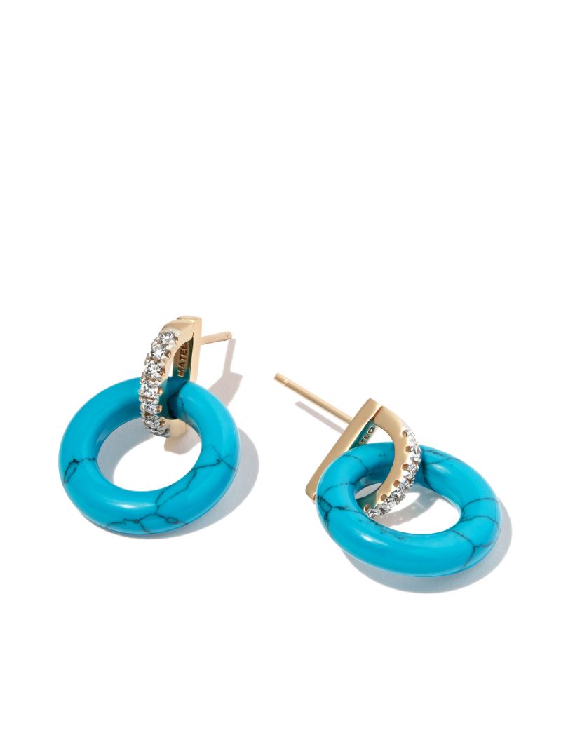 14k Yellow Gold Turquoise and Diamond Hoop Earrings