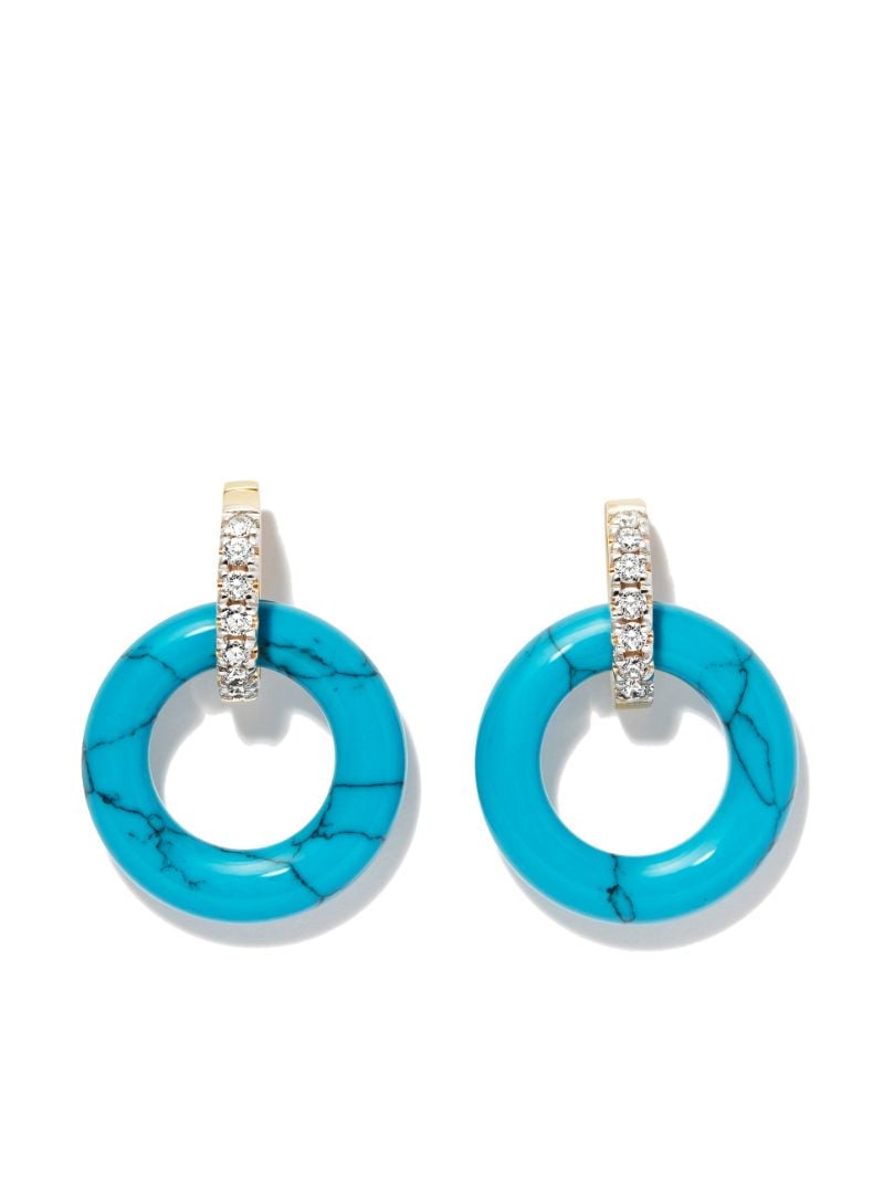 14k Yellow Gold Turquoise and Diamond Hoop Earrings