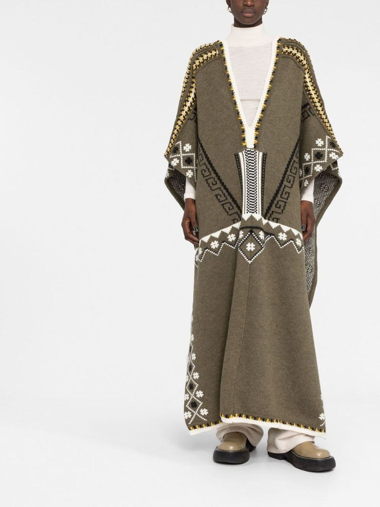 Green V-neck Jacquard Knit Poncho