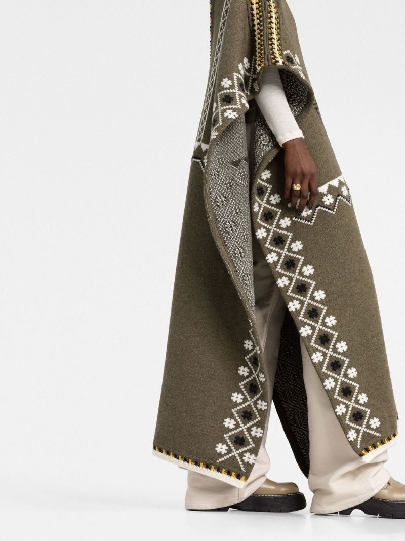 Green V-neck Jacquard Knit Poncho