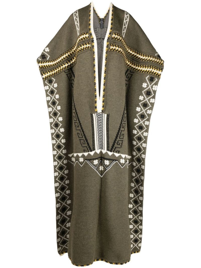 Green V-neck Jacquard Knit Poncho