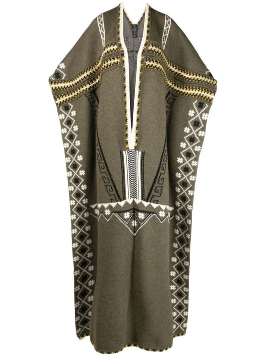 Green V-neck Jacquard Knit Poncho