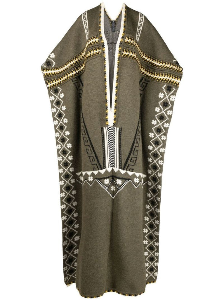Green V-neck Jacquard Knit Poncho