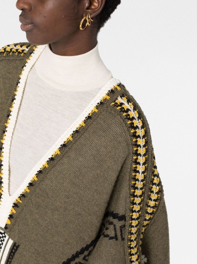 Green V-neck Jacquard Knit Poncho