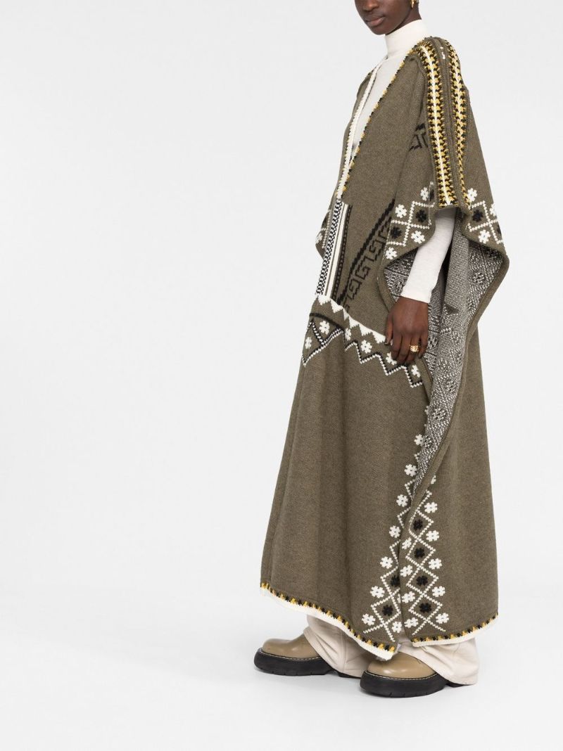 Green V-neck Jacquard Knit Poncho