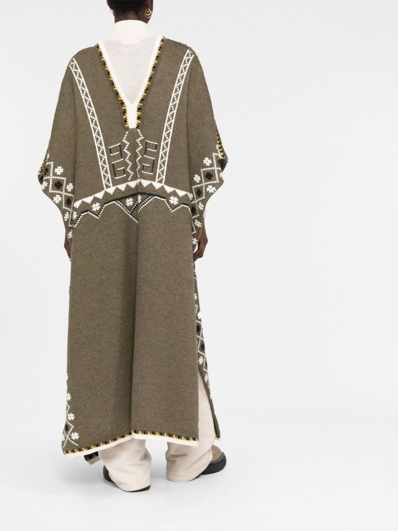 Green V-neck Jacquard Knit Poncho