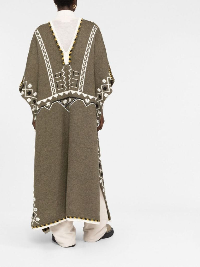 Green V-neck Jacquard Knit Poncho