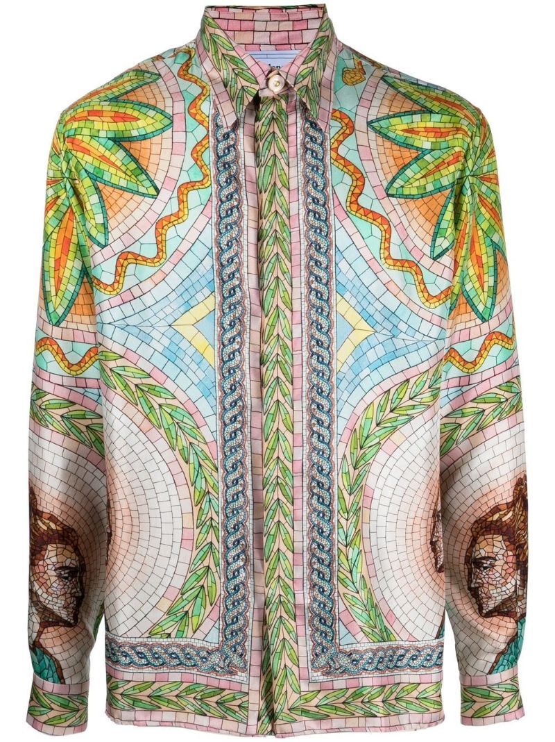 Pink Mosaics Greques Print Silk Shirt