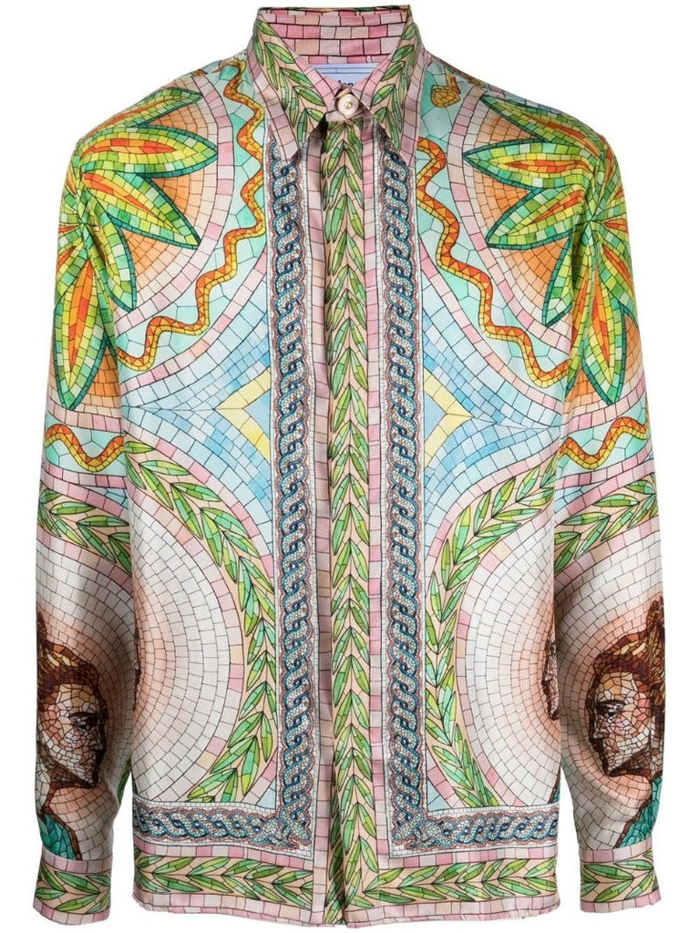 Pink Mosaics Greques Print Silk Shirt