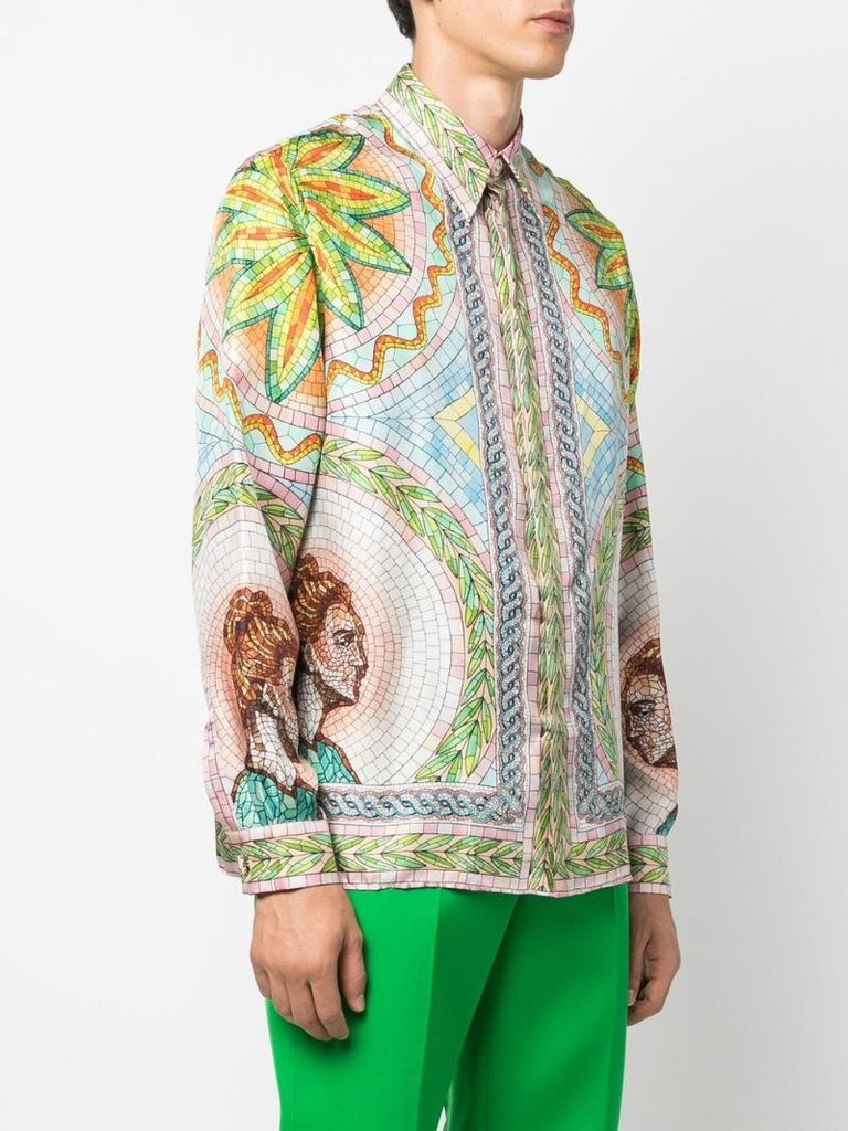 Pink Mosaics Greques Print Silk Shirt