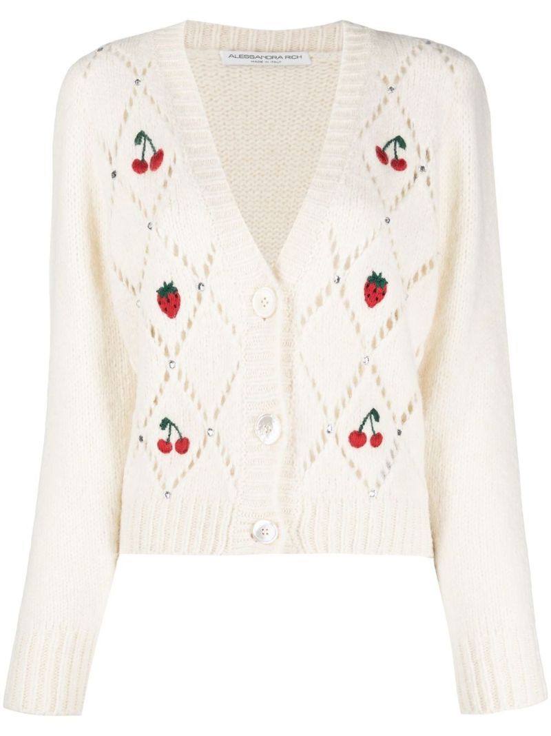 White Fruit Embroidered Cardigan