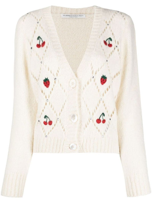 White Fruit Embroidered Cardigan