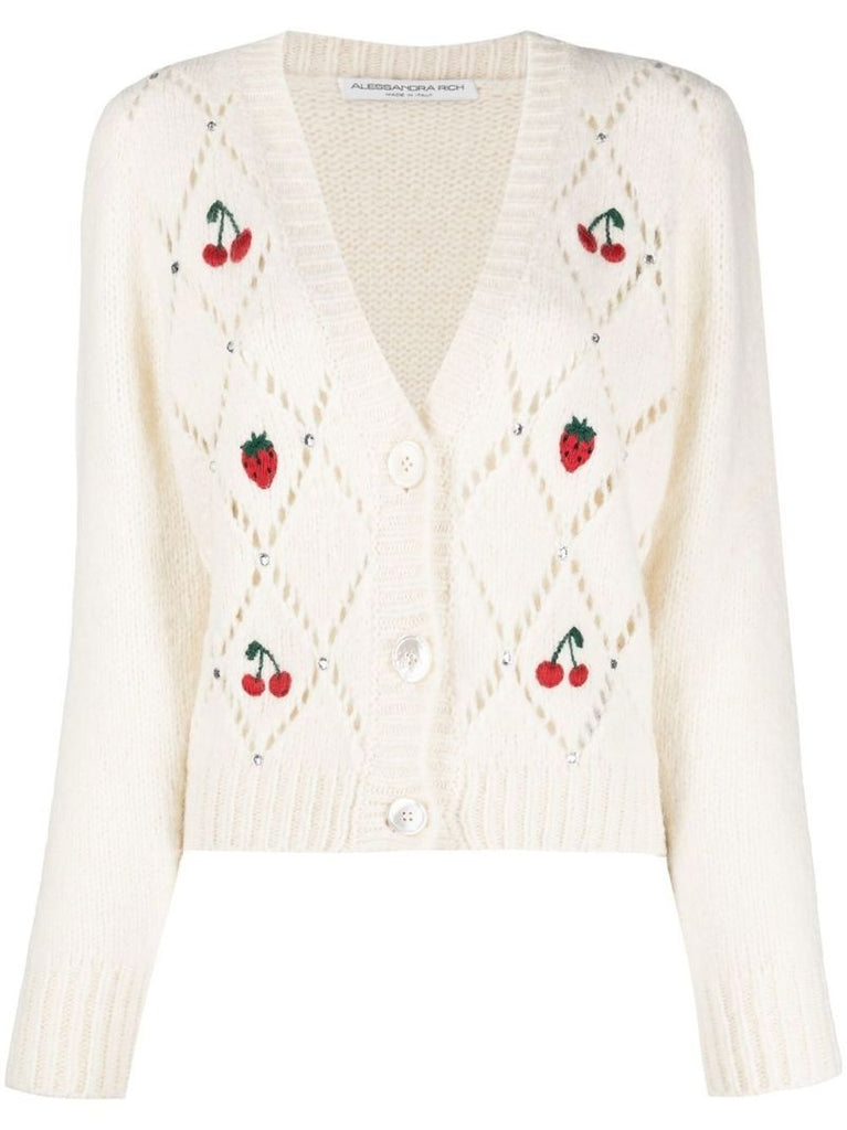 White Fruit Embroidered Cardigan