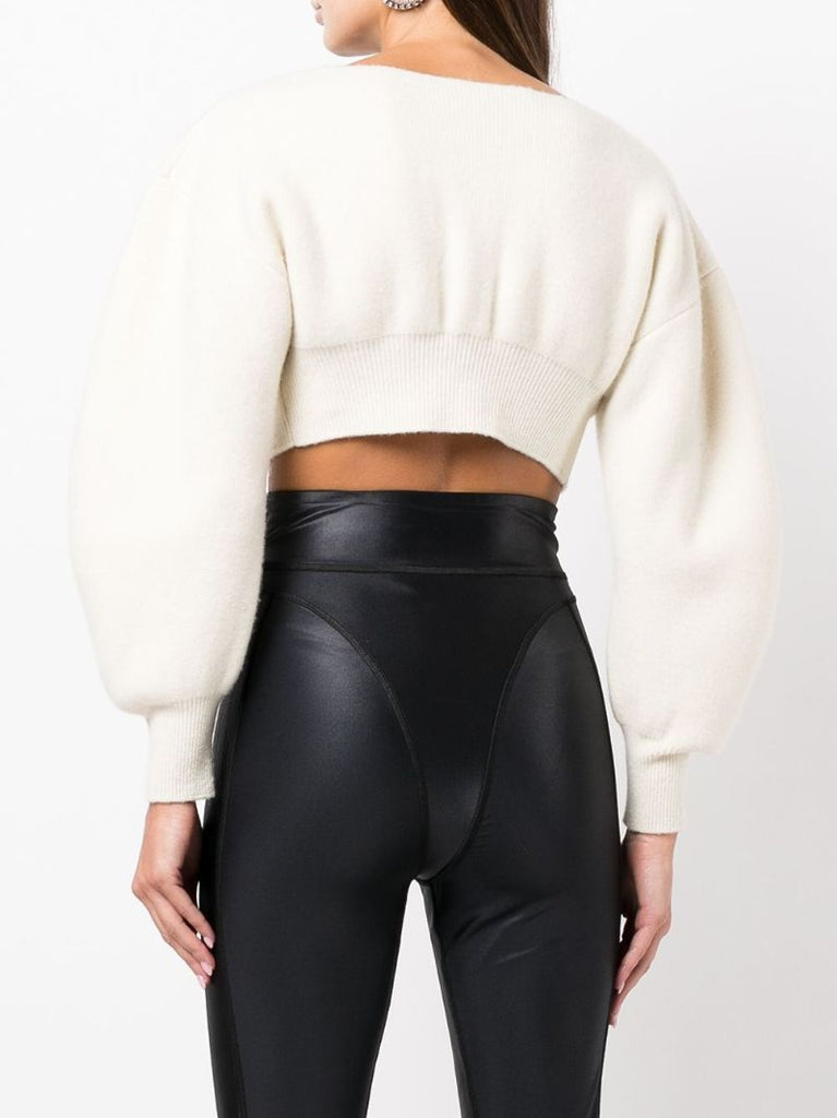 Neutral V-neck Cropped Wool Cardigan