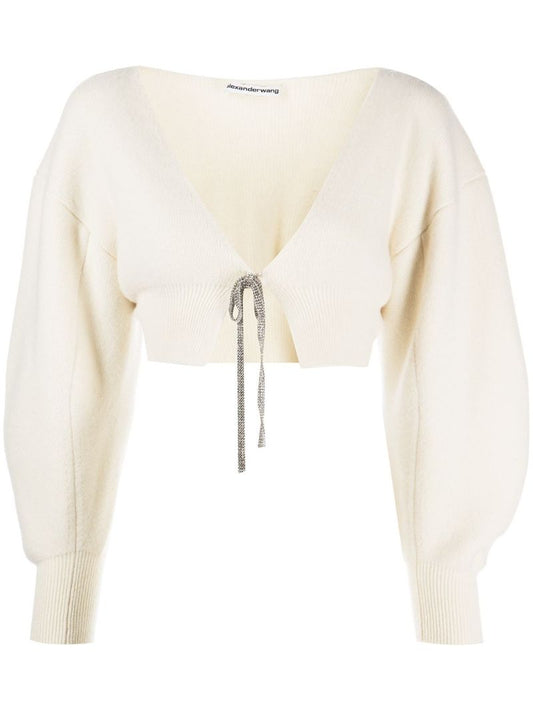 Neutral V-neck Cropped Wool Cardigan