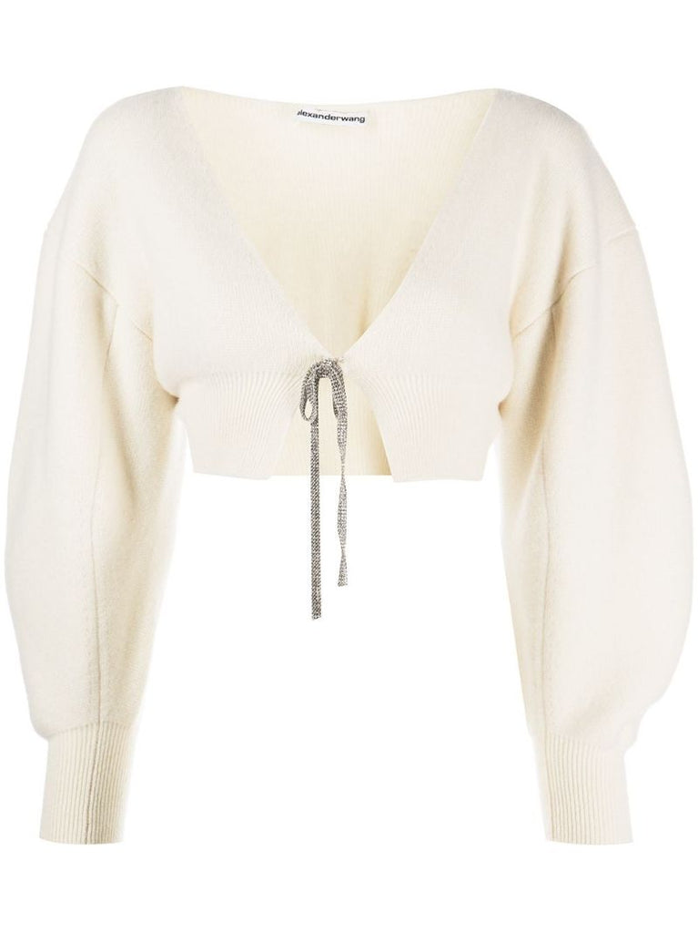 Neutral V-neck Cropped Wool Cardigan