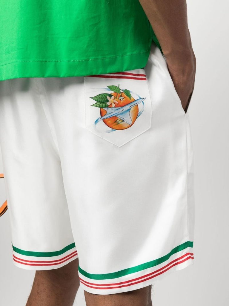 White Orbite Orange Print Silk Shorts