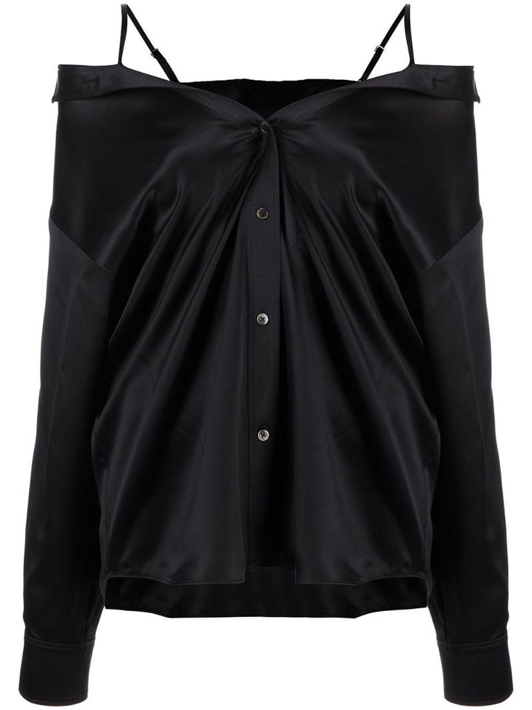 Black Off-the-shoulder Satin Shirt