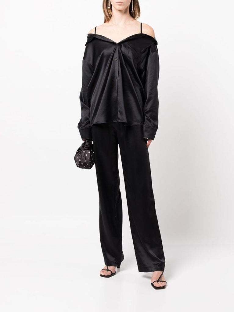 Black Off-the-shoulder Satin Shirt