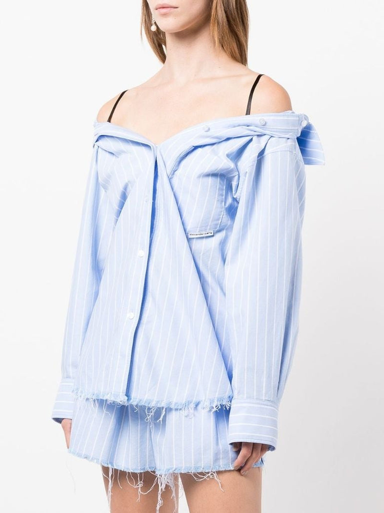 Blue Off Shoulder Striped Cotton Shirt