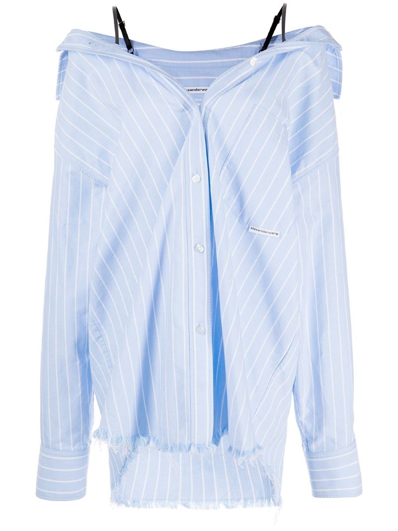 Blue Off Shoulder Striped Cotton Shirt