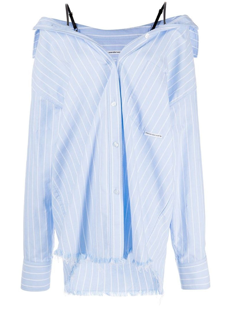 Blue Off Shoulder Striped Cotton Shirt