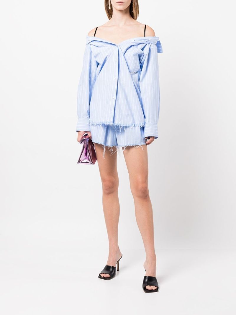 Blue Off Shoulder Striped Cotton Shirt