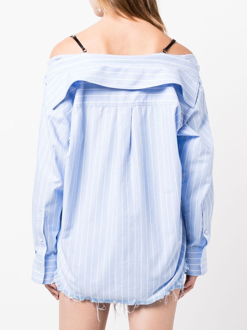 Blue Off Shoulder Striped Cotton Shirt