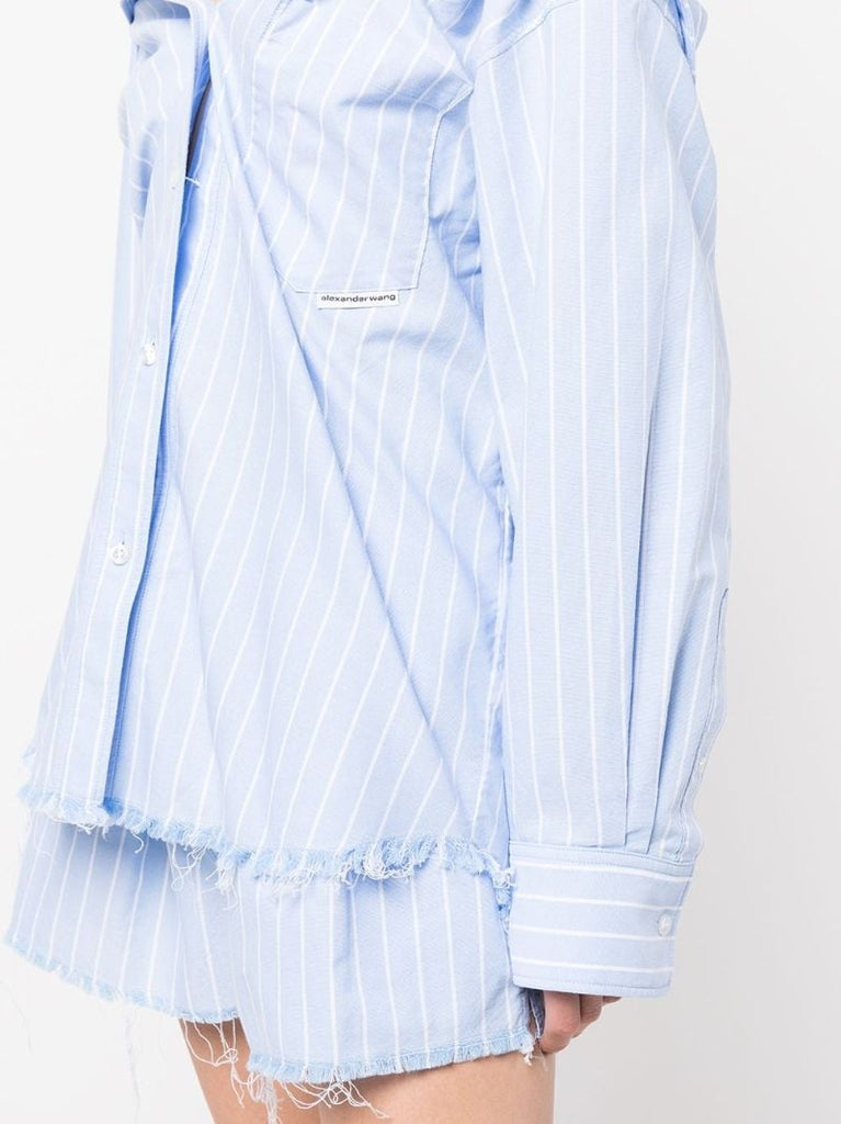 Blue Off Shoulder Striped Cotton Shirt