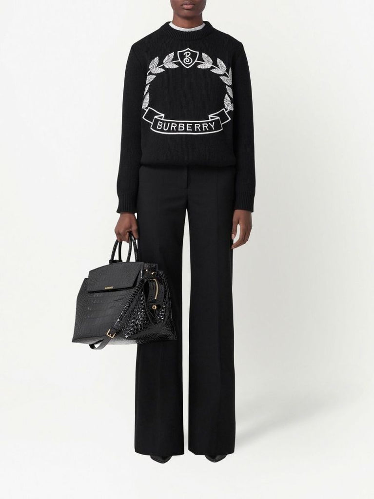 Black Oak Leaf Crest Embroidered Cashmere Sweater