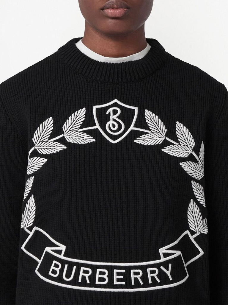 Black Oak Leaf Crest Embroidered Cashmere Sweater