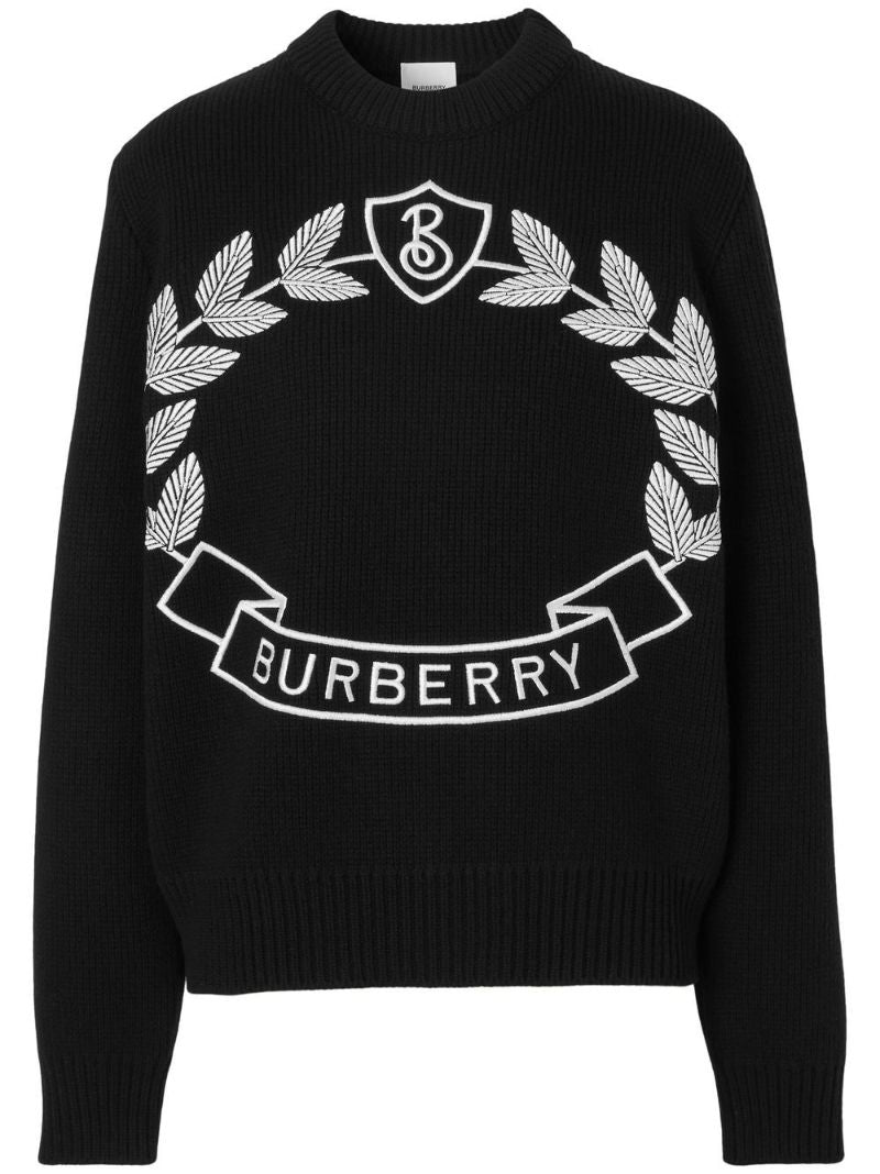 Black Oak Leaf Crest Embroidered Cashmere Sweater