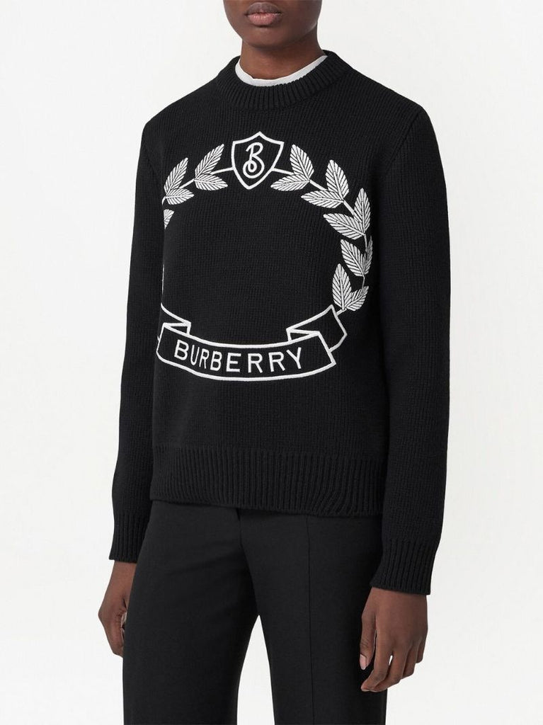 Black Oak Leaf Crest Embroidered Cashmere Sweater
